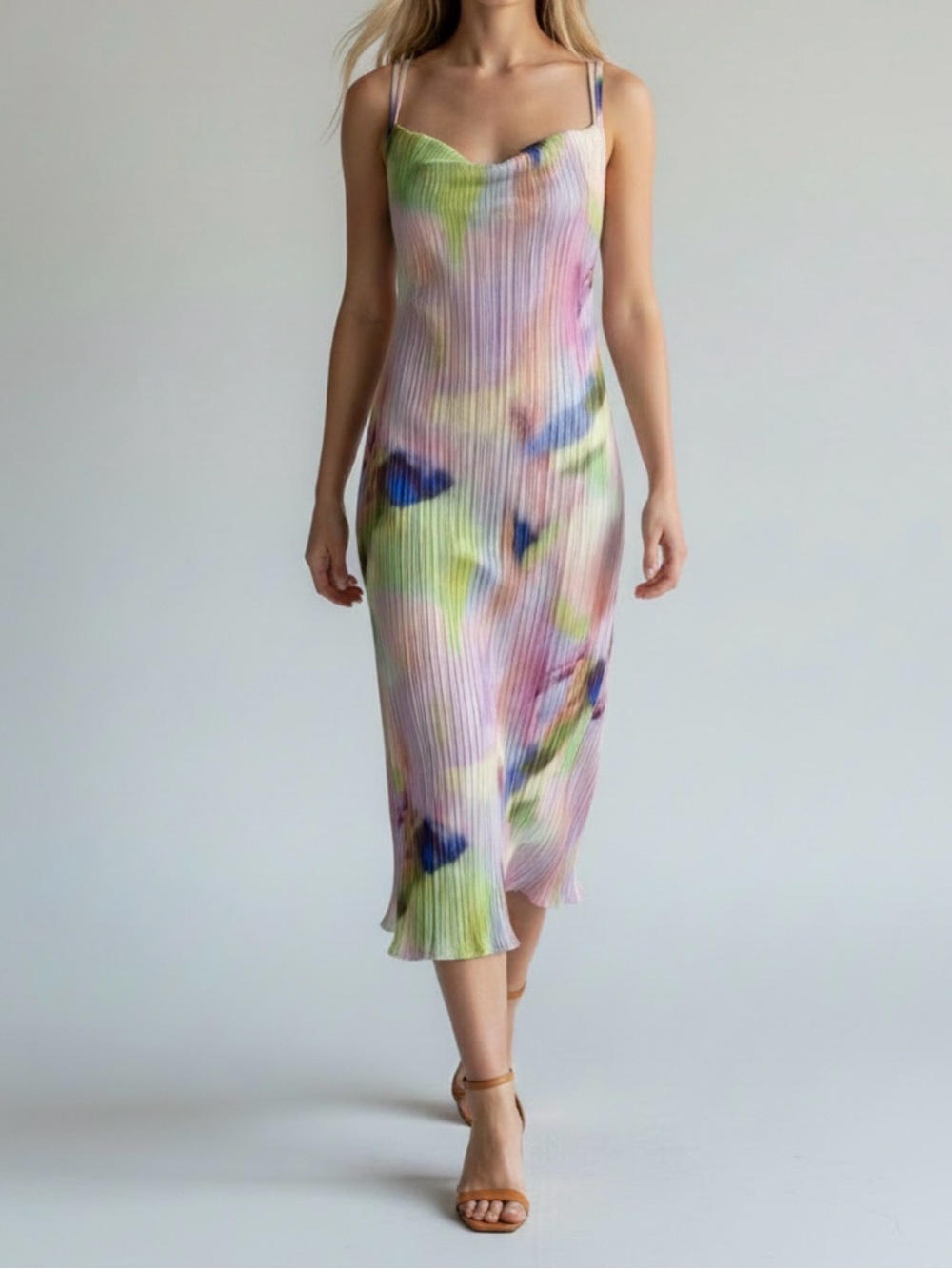 Multicolored Pastel Crinkle Cowl-Neck Midi Dress